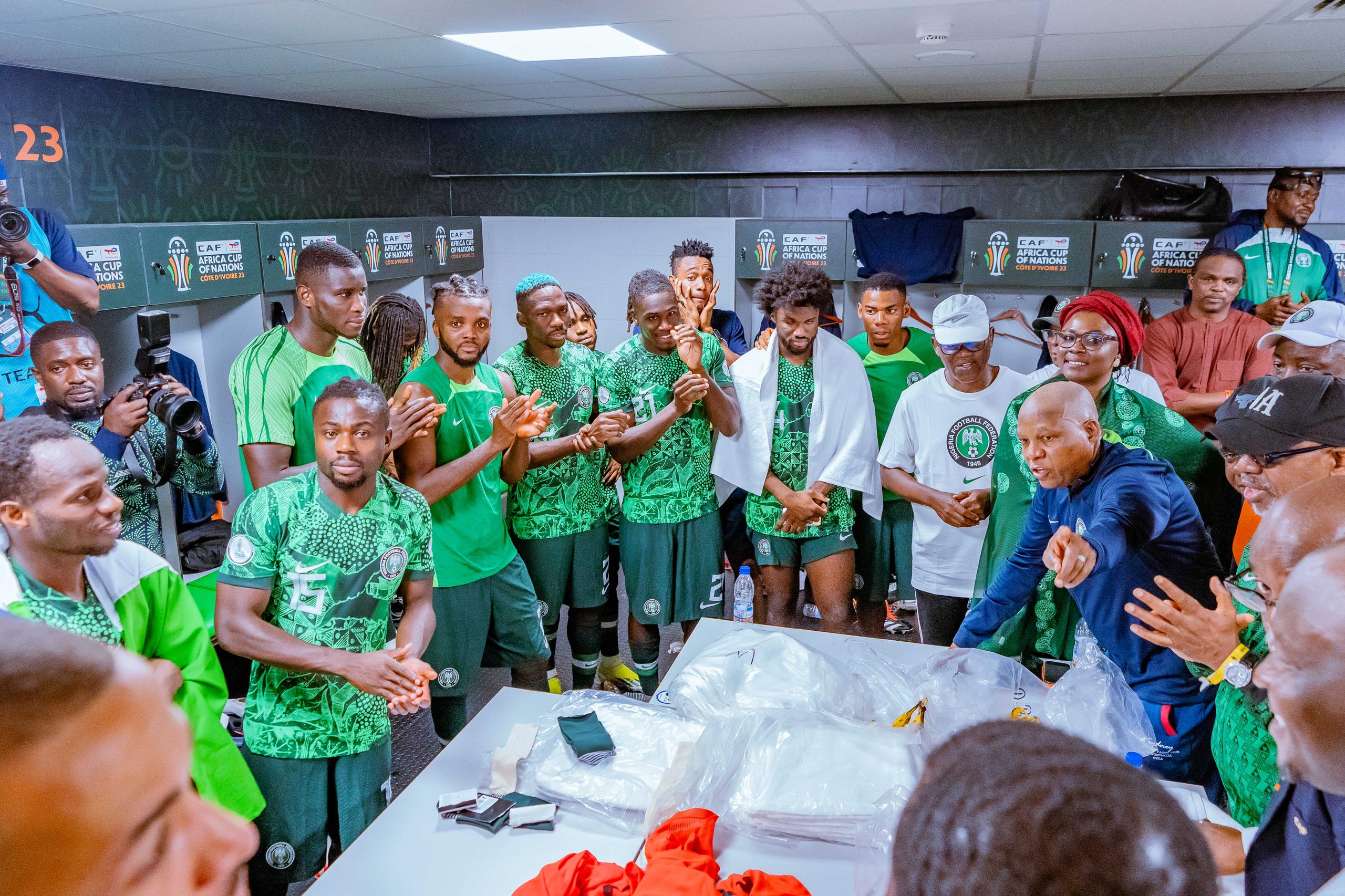 Vice President Kashim Shettima addressing the Super Eagles after their semifinal match against South Africa on Wednesday, February 7, 2024