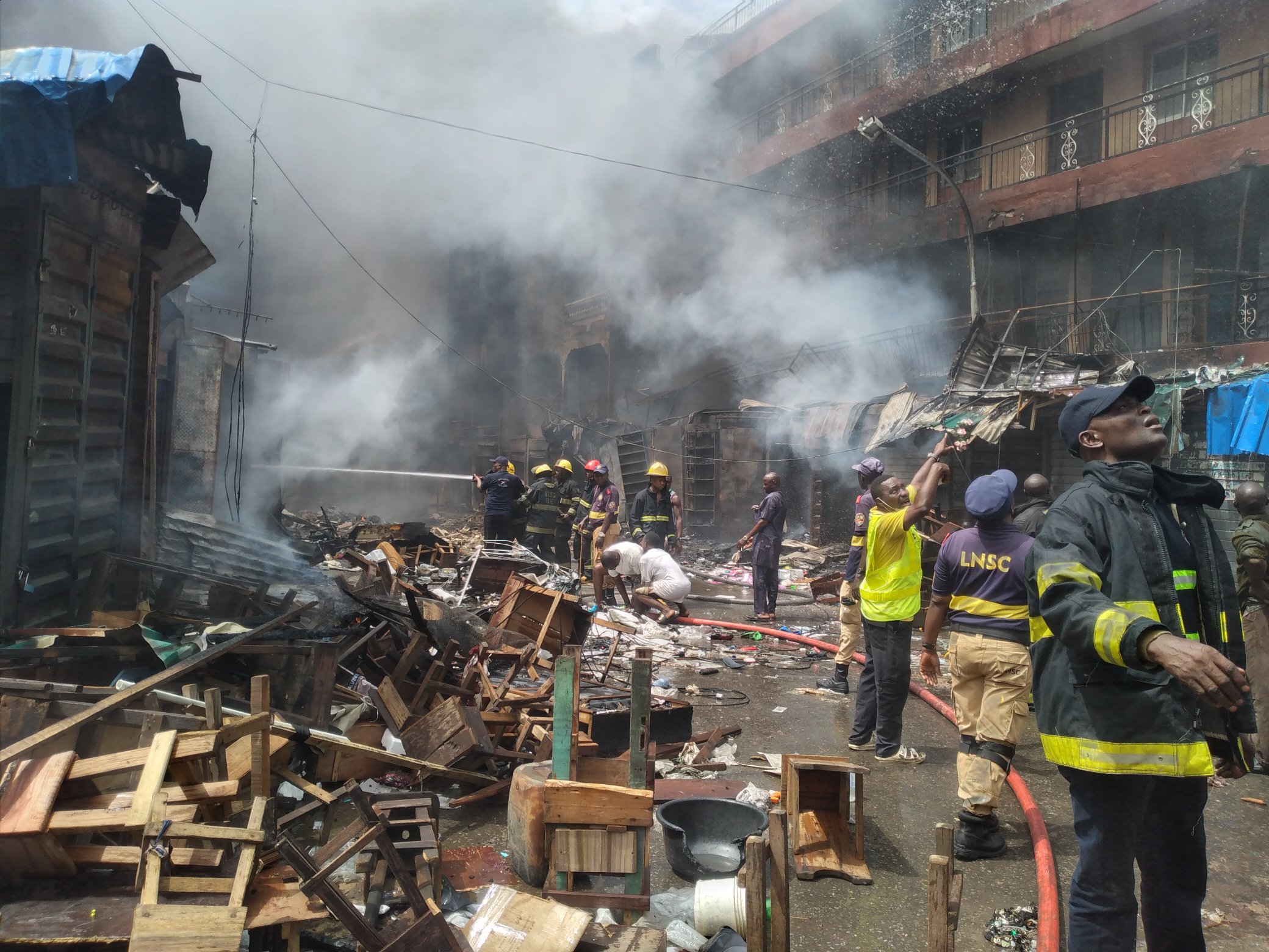 The scene of the fire incident near Jankara Street, adjacent to Docemo Street, on Lagos Island