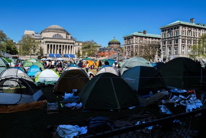 Pro-Palestian protesters gather on the campus of Columbia University in New York City on April 23, 2024. Tensions flared between pro-Palestinian student protesters and school administrators at several US universities on April 22, as in-person classes were cancelled and demonstrators arrested.(Photo: Charly Triballeau, AFP Via Getty Images)