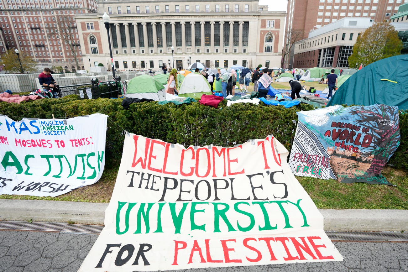 Signs showing support for Palestine in the Israel-Hamas war at Columbia University, New York, on Wednesday, April 24, 2024 (Photo: Kevin R. Wexler/NorthJersey.com)