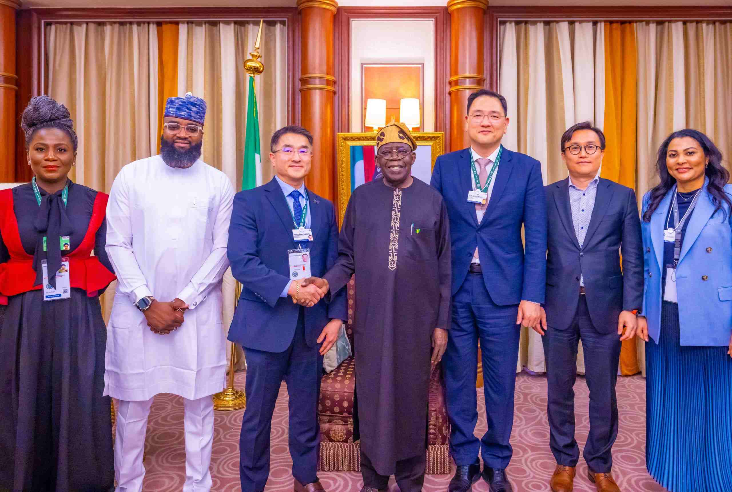 President Bola Tinubu, President and CEO of Samsung, Hong Namkoong, and the Chairman of Samsung Investment Global, Jungwook Kim at a meeting discussing investments in Nigeria by Samsung 