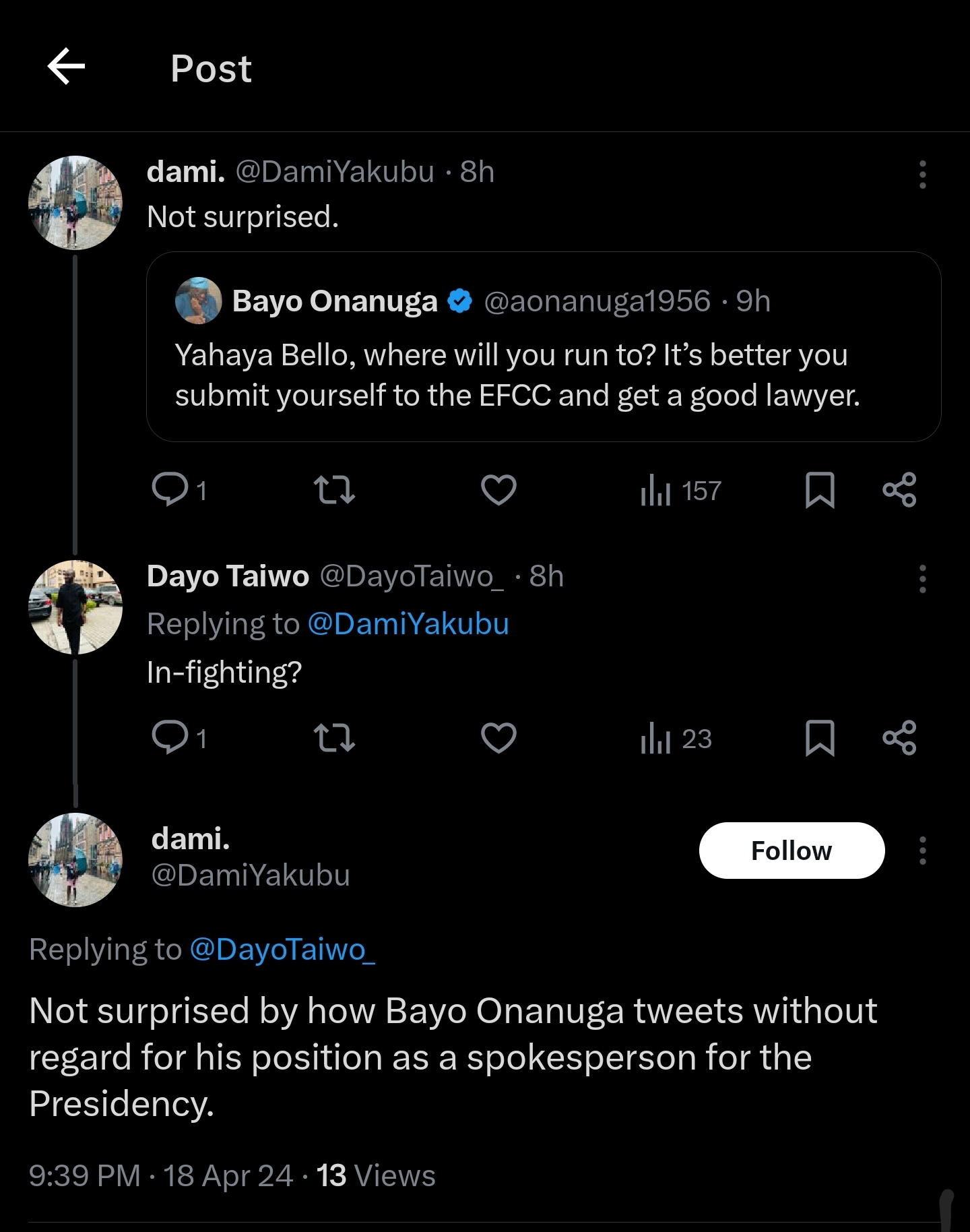 Dami Yakubu criticising Bayo Onanuga