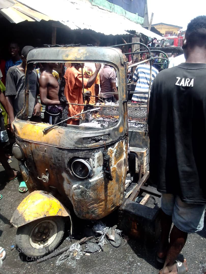 One of the destroyed tricycles at the scene of the gas explosion in Ajegunle-Apapa area of Lagos State.