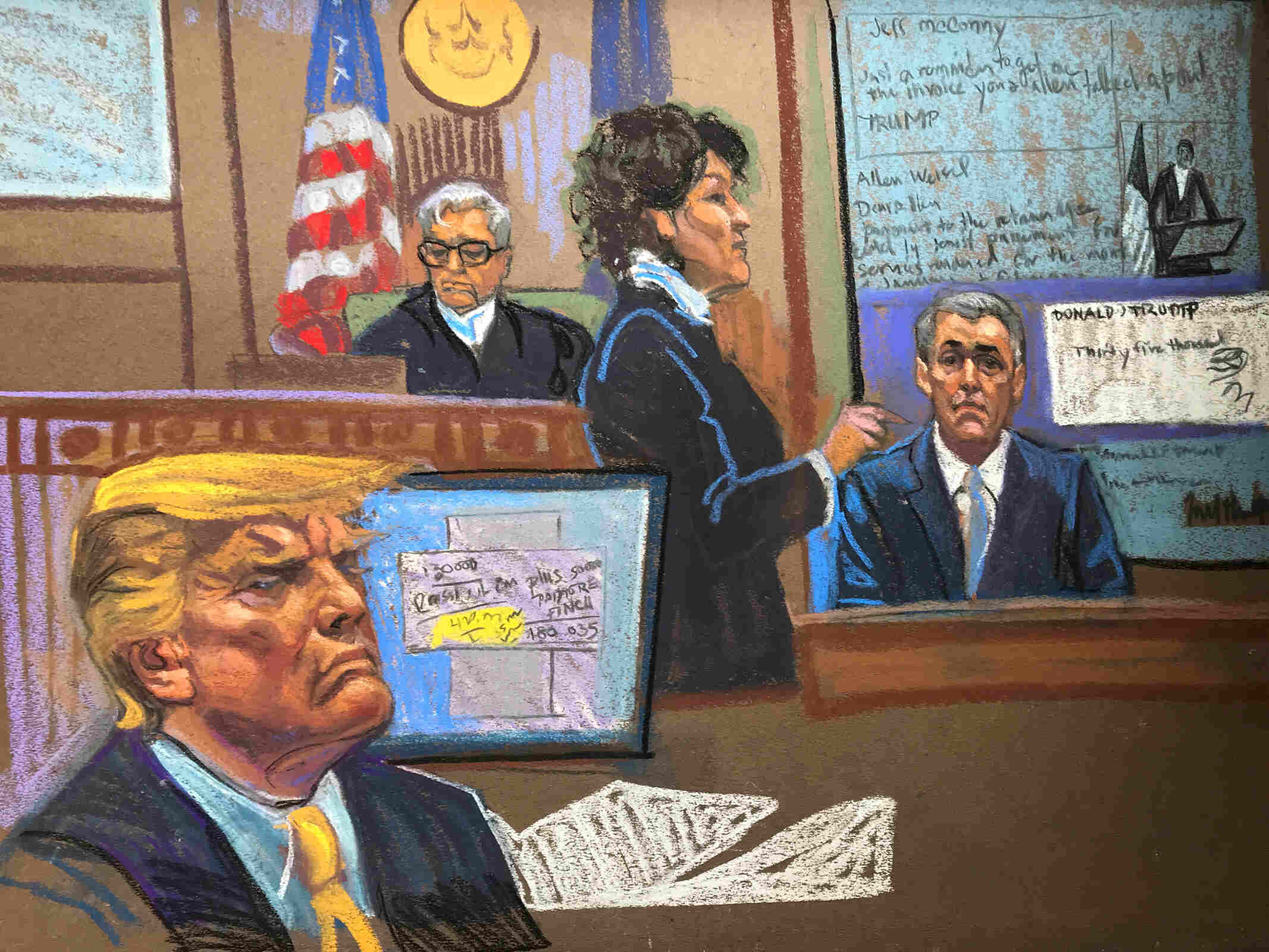 This sketch from court shows former President Donald Trump, left, and Michael Cohen, right, in court on Tuesday, May 14, in New York. (Photo: Christine Cornell)