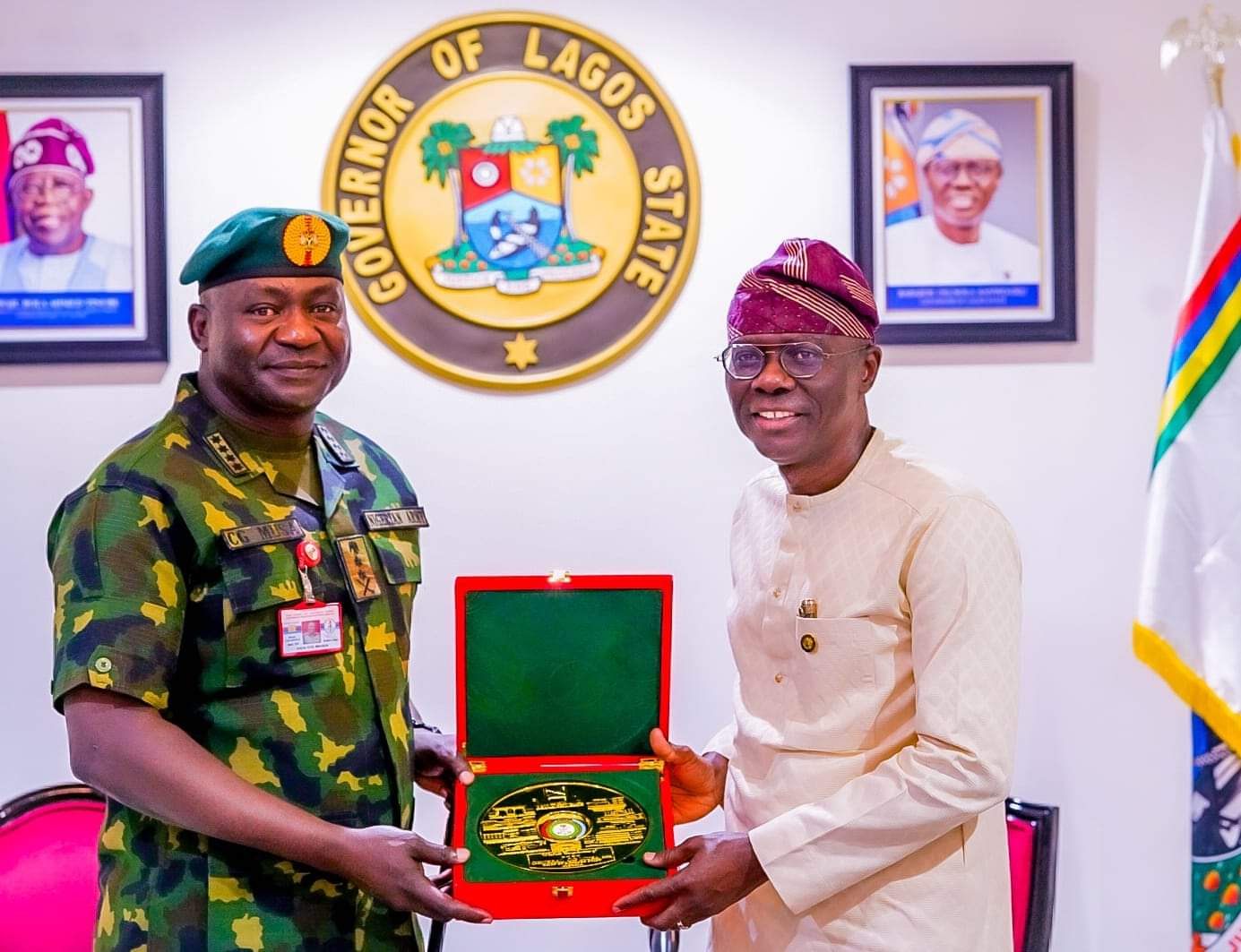 l-r: The Chief of Defence Staff, General Christopher Gwabin Musa presenting a souvenir to Governor of Lagos State, Mr. Babajide Sanwo-Olu during his courtesy visit to the Governor, at the Lagos House, Marina, on Monday, 13 May, 2024. 