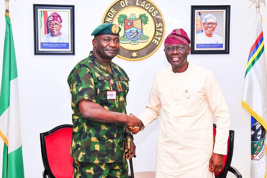 l-r: The Chief of Defence Staff, General Christopher Musa exchanging greetings with Governor of Lagos State, Mr. Babajide Sanwo-Olu during his courtesy visit to the Governor, at the Lagos House, Marina, on Monday, 13 May, 2024. 