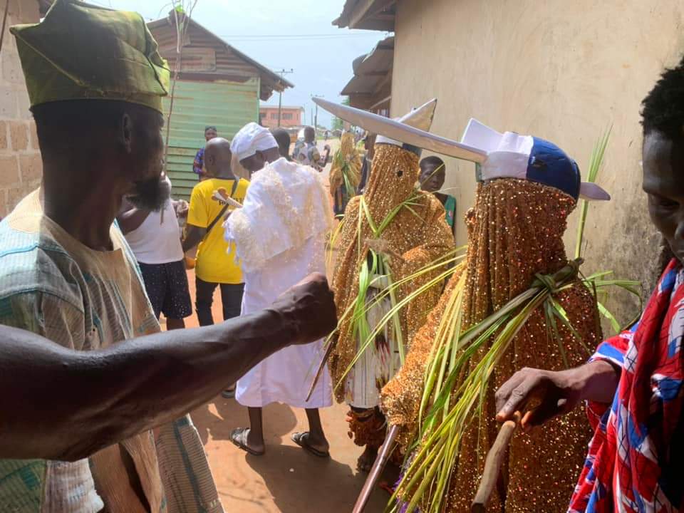 Cane-wielding masquerades celebrating the Eebi Kilajolu Festival with Odomola indigenes