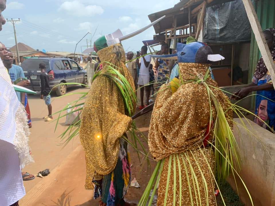 Cane-wielding masquerades celebrating the Eebi Kilajolu Festival with Odomola indigenes