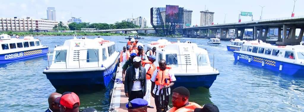 Lagos State Governor, Babajide Sanwo-Olu, Deputy Governor Obafemi Hamzat, and other officials riding in the newly launched boats for water transportation