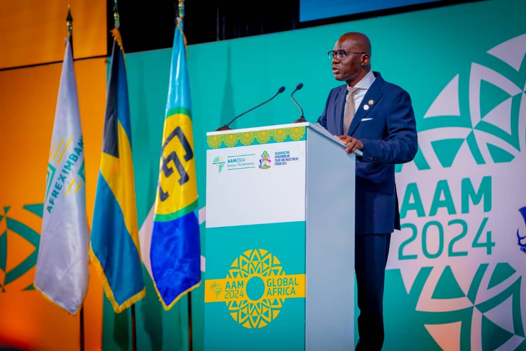 Lagos State Governor Babajide Sanwo-Olu addressing an audience from Africa and Caribbean countries at the AfriCaribbean Business Forum in Nassau