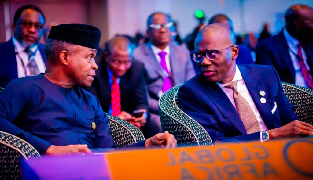 Former Vice President Yemi Osinbajo and Lagos State Governor Babajide Sanwo-Olu at the AfriCaribbean Business Forum in Nassau 