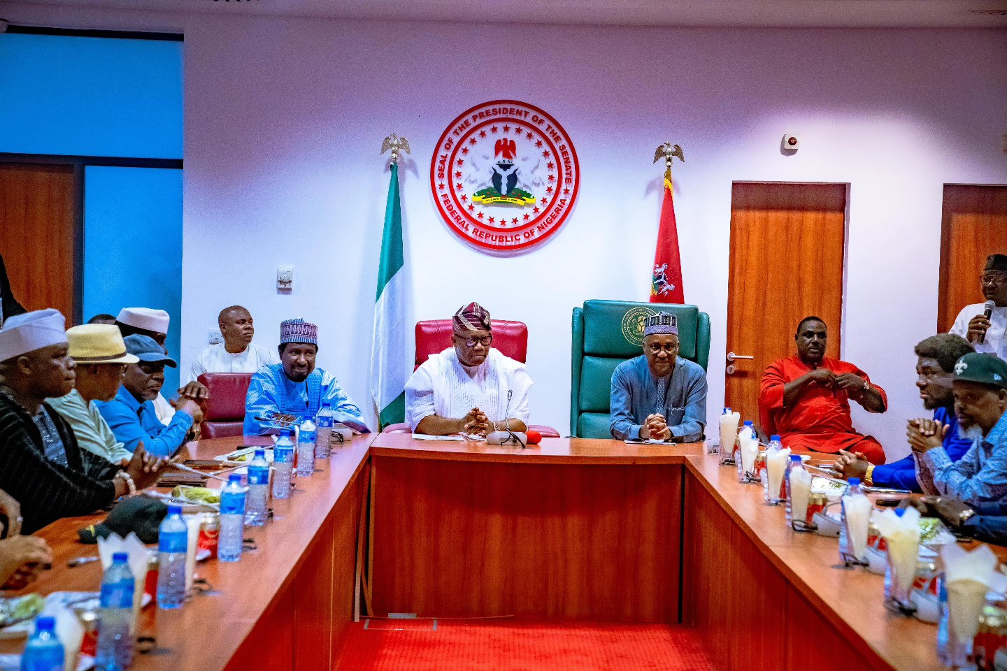 Senate President Godswill Akpabio and Tajudeen Abass, Speaker of the House of Representatives at the meeting with labour leaders