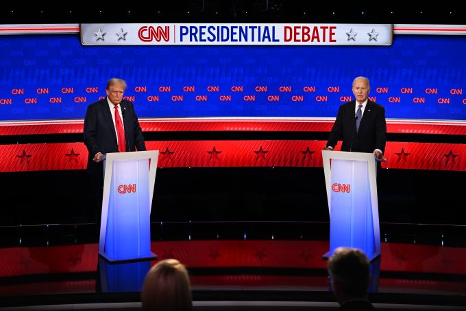 Former President Donald Trump, left, and President Joe Biden take part in the CNN presidential debate on Thursday, June 27. Will Lanzoni/CNN