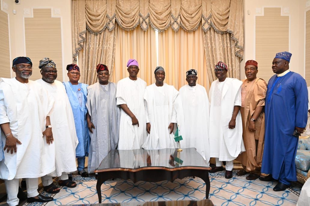 From Left: Rt. Hon. Femi Gbajabiamila, former Speaker of House of Representatives and now Chief of Staff to the President; Chief Mutiu Are, the Secretary to the Lagos State Governance Advisory Council (GAC), Senator Wasiu Eshinlokun of Lagos Central; Rt Hon Mudasiru Obasa, Speaker of Lagos House of Assembly; Senator Musiliu Obanikoro, former Nigerian Ambassador to Ghana and former Minister of Defense; Dr Femi Hamzat, Deputy Governor of Lagos; Bola Ahmed Tinubu, the President; Babajide Sanwoolu, Governor of Lagos; Senator Ganiyu Solomon, former Senator and member of GAC; and Rt. Hon. Adeyemi Ikuforiji, former Speaker of Lagos