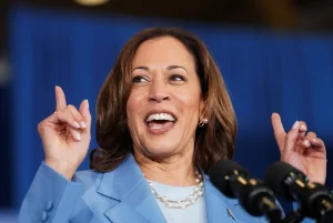 Vice President Kamala Harris speaks at a campaign event focused on Asian American, Native Hawaiian and Pacific Islander communities, during a visit to Las Vegas, Nevada on July 9, 2024. Credit: REUTERS/Kevin Lamarque