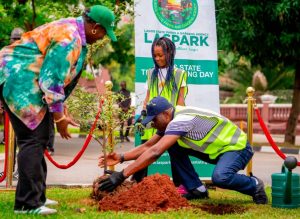 Lagos State Governor, Babajide Sanwo-Olu, planting a tree in the State House, Marina, in commemoration of the World Tree Planting Day