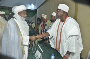 Chairman of the National Council of Traditional Rulers and the Sultan of Sokoto, His Eminence, Alhaji (Dr) Muhammad Sa'ad Abubakar, congratulates Alara of Ilara-Epe, Oba Olufolarin Olukayode Ogunsanwo on the appointment