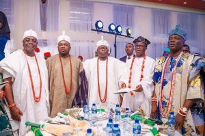 L-R: Alara of Ilara, HRM Oba Olufolarin Olukayode Ogunsanwo and fellow monarchs at the inauguration of the Southern Nigeria Traditional Rulers Council (SNTRC) in Imo State on Tuesday, July 30, 2024