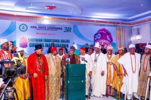 Governor of Ogun State, Prince Dapo Abiodun, addressing monarchs, including Alara of Ilara, HRM Oba Olufolarin Olukayode Ogunsanwo at the inauguration of the Southern Nigeria Traditional Rulers Council (SNTRC) in Imo State on Tuesday, July 30, 2024