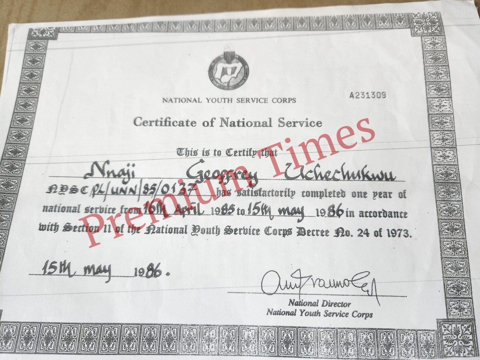 Forged NYSC certificate of Uche Nnaji