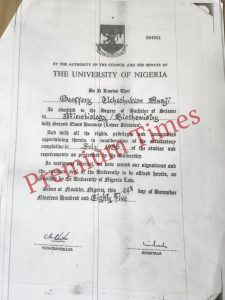 Forged University of Nigeria Degree certificate of Uche Nnaji
