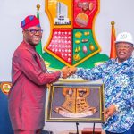Oyo State Governor, Seyi Makinde (left) and Minister of Works, David Umahi (right) during the minister's working visit to Ibadan on August 31, 2023