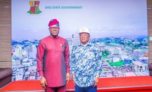 Oyo State Governor, Seyi Makinde (left) and Minister of Works, David Umahi (right) during the minister's working visit to Ibadan on August 31, 2023