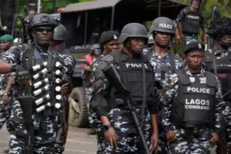 File photo of police officers at a protest venue