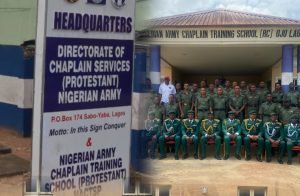A signpost of the Nigerian Army Chaplaincy (Protestant) Training School, Yaba, Lagos, and a group photo of the Nigerian Army Chaplaincy (Catholic) Training School, Ojo Cantonment, Lagos