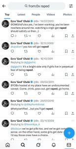 A series of tweets by Ezra Olubi minimising and encouraging rape