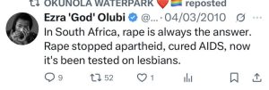A screenshot of Olubi’s tweet encouraging rape