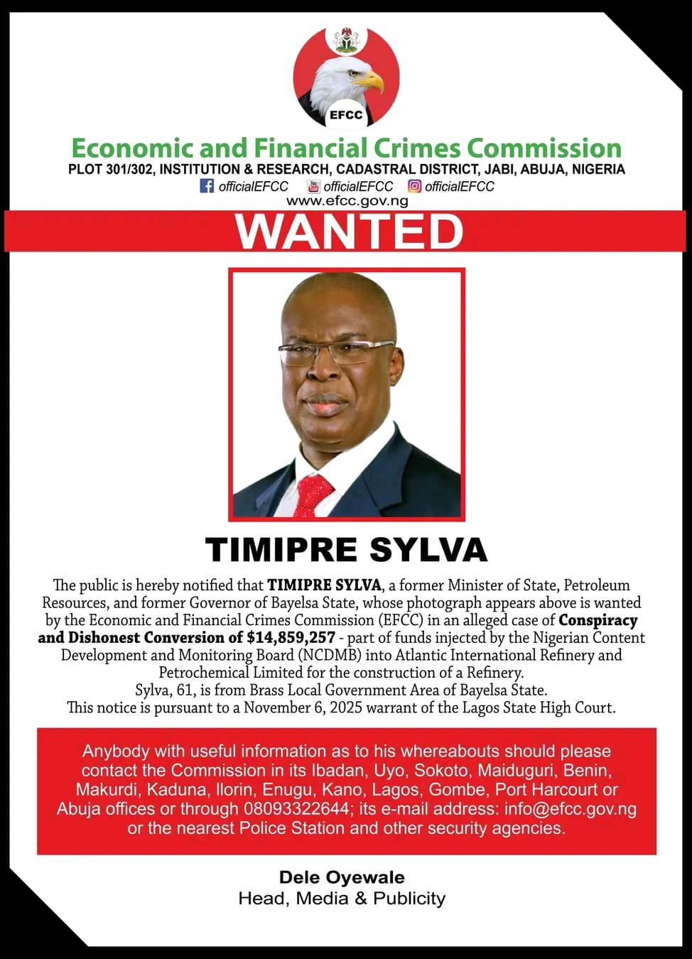 BREAKING: EFCC Declares Timipre Sylva Wanted Over Alleged $14.8m Fraud