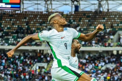 Victor Osimhen celebrates one of his double in Nigeria's 4-1 win over Gabon