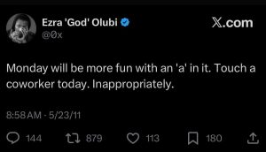 A screenshot of Olubi’s tweet making a sexually explicit comment about a coworker.