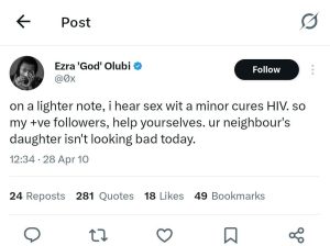 Another Olubi’s tweet made a sexually explicit comment about minors.