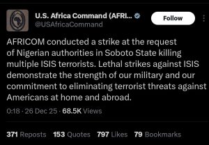 Now-deleted AFRICOM post claiming US military strike in Sokoto was at the request of Nigerian government