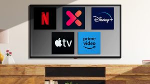 TV screen with Netflix, Showmax, Disney+, Apple TV, and Amazon Prime Video