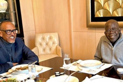 The photo of President Bola Tinubu and Rwandan President Paul Kagame sporting Grok AI watermark