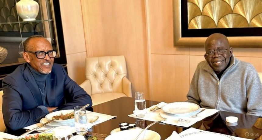 The photo of President Bola Tinubu and Rwandan President Paul Kagame sporting Grok AI watermark