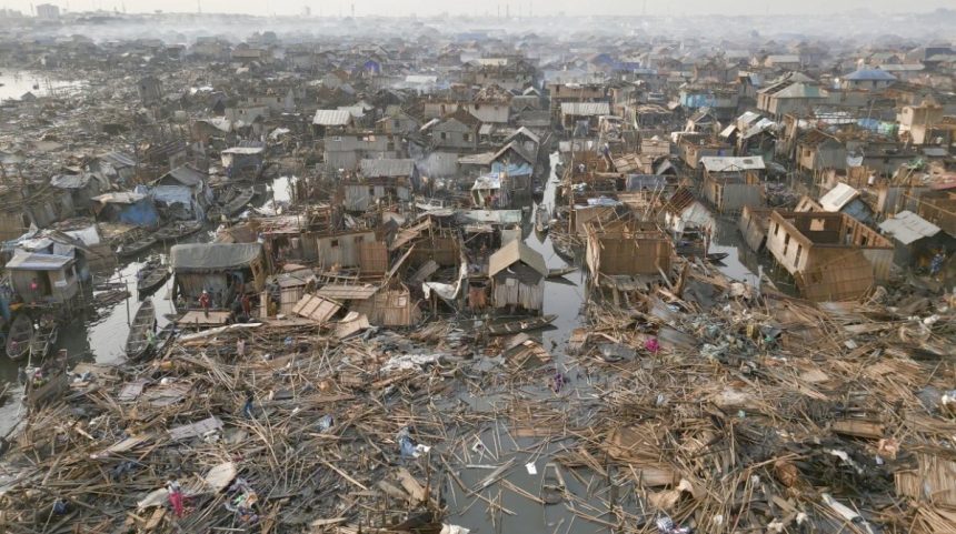An aerial view of the demolition scene in Makoko, Lagos (Photo: @iamgbolahan/X)