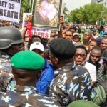 Lagos anti-demolition protest with Hassan in white T-shirt