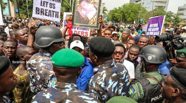 Lagos anti-demolition protest with Hassan in white T-shirt