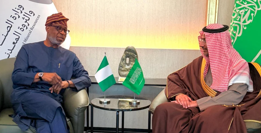 R-L: Saudi Arabian Minister of Industry and Mineral Resources, Ibrahim Al-Khorayef; Minister of Solid Minerals Development, Dr. Dele Alake during the minister’s courtesy visit to his Saudi Arabian counterpart ahead of the Future Minerals Forum (FMF), Riyadh, Saudi Arabia