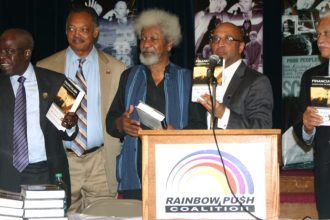 L-R: President Bola Tinubu, Reverend Jesse Jackson, Prof. Wole Soyinka, and others