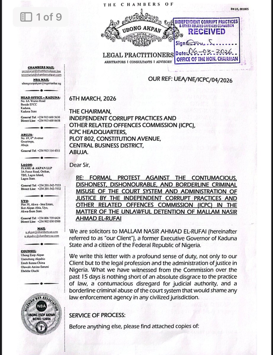 El-Rufai’s Legal Team Slams ICPC Over "Unlawful" 15-Day Detention, Demands N2 Billion in Damages