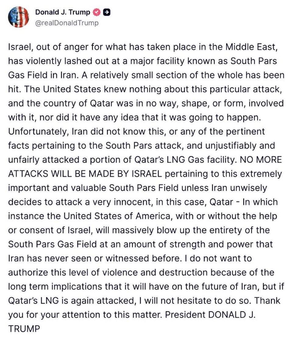 Trump Denies U.S. Involvement in South Pars Strike, Warns Iran Against Further Attacks on Qatar