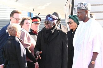 President Bola Tinubu and First Lady Remi Tinubu land in the UK for a state visit (Photo: Channels TV)