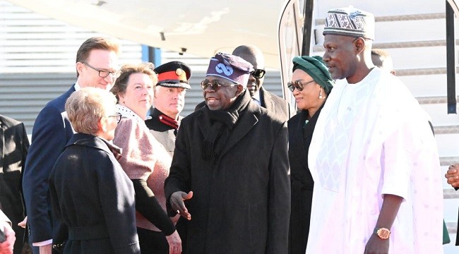 President Bola Tinubu and First Lady Remi Tinubu land in the UK for a state visit (Photo: Channels TV)