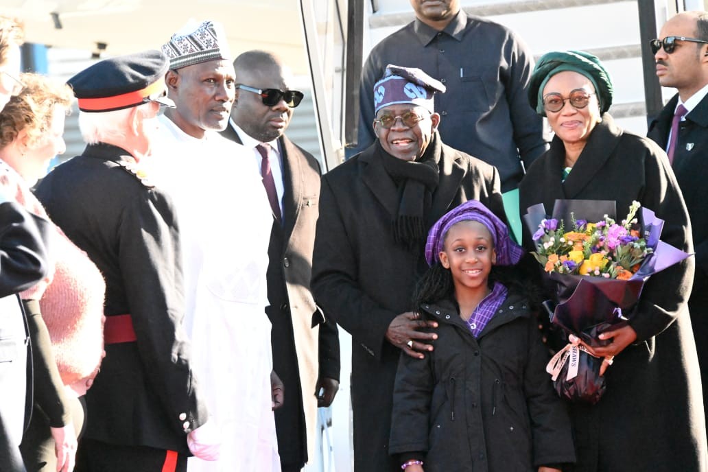President Bola Tinubu and First Lady Remi Tinubu land in the UK for a state visit (Photo: Channels TV)