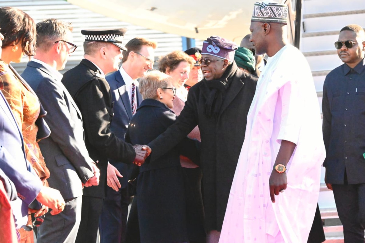 President Bola Tinubu and First Lady Remi Tinubu land in the UK for a state visit (Photo: Channels TV)